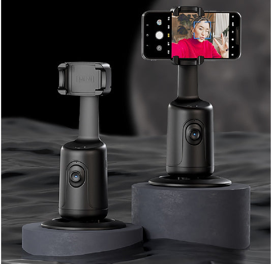 Black smartphone gimbal with smartphone displaying a video call on a dark background