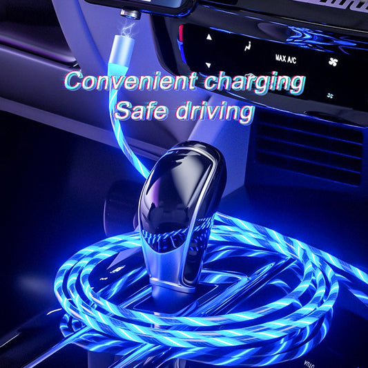 Car charging cable with blue light inside a vehicle, showing 'Convenient charging Safe driving' text.