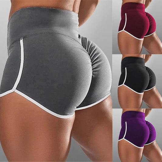 Collage of women wearing high-waisted shorts in gray, red, black, and purple.