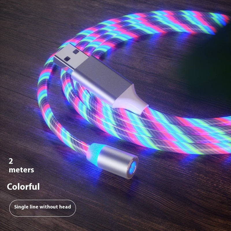 Colorful LED cable on a wooden surface with text indicating length and features.
