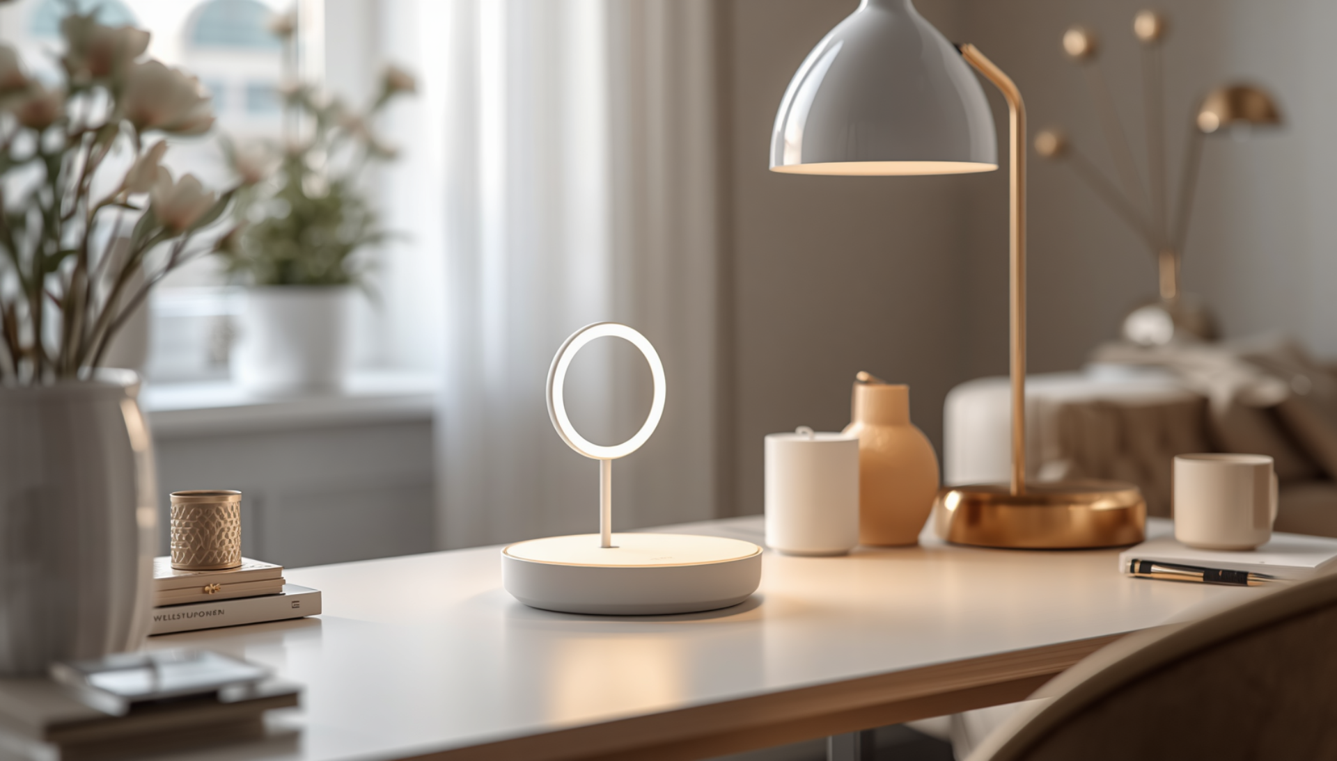 A modern minimalist desk lamp with a circular ring stand and a white round base, illuminated on a light wood desk in a softly styled home office .