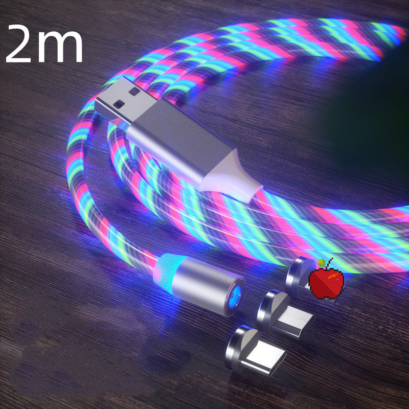 Multicolored LED cable with USB and Lightning connectors on a wooden surface