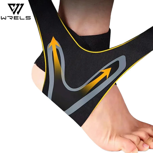 Neoprene ankle support brace on a foot with WRELS branding.