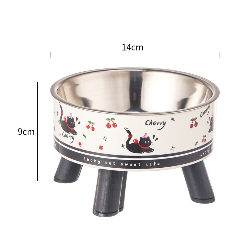 Pet bowl with cartoon design and measurements on a white background