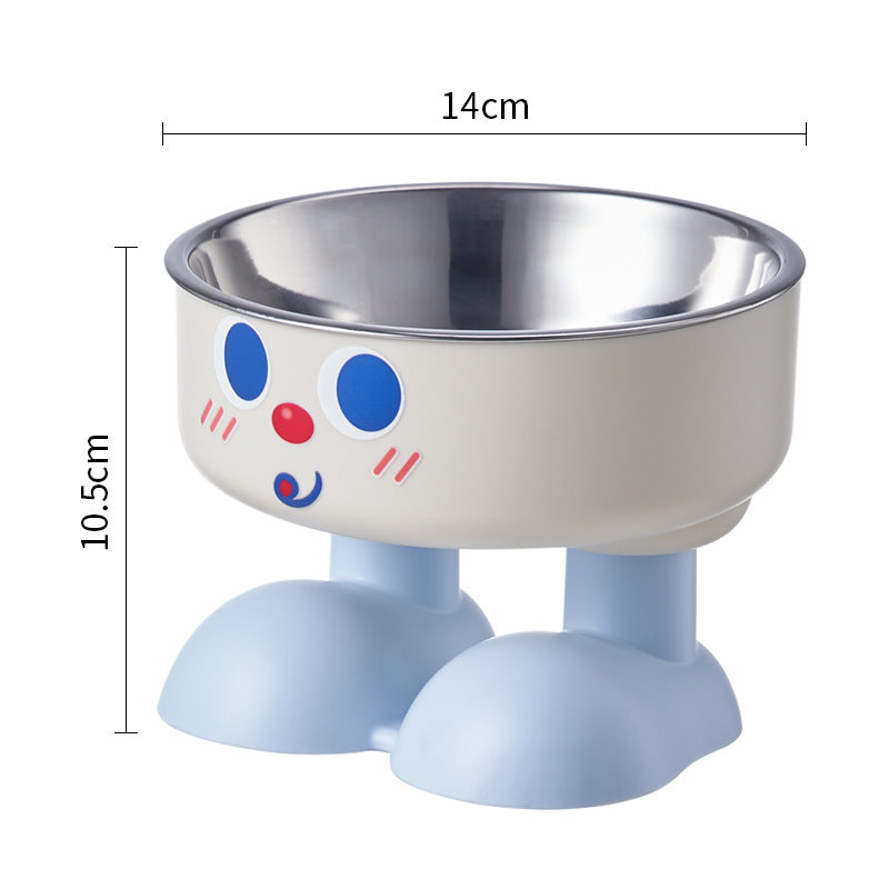 Pet bowl with cartoon face design and measurements on a white background