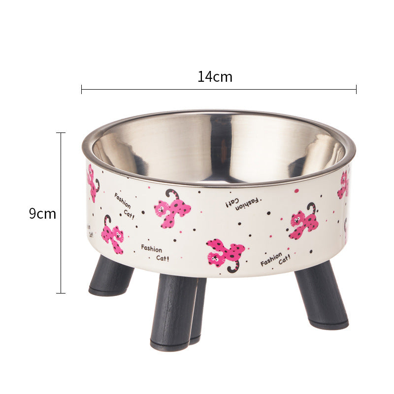 Pet bowl with pink dog illustrations and measurements on a white background