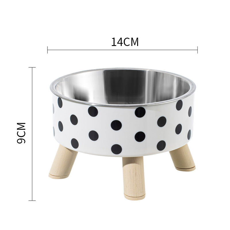 Pet bowl with polka dot design and wooden legs, shown with dimensions on a white background.