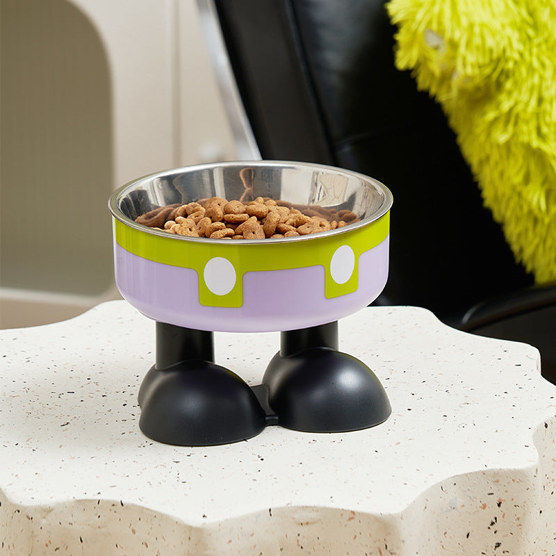 Pet food bowl with legs on a textured surface
