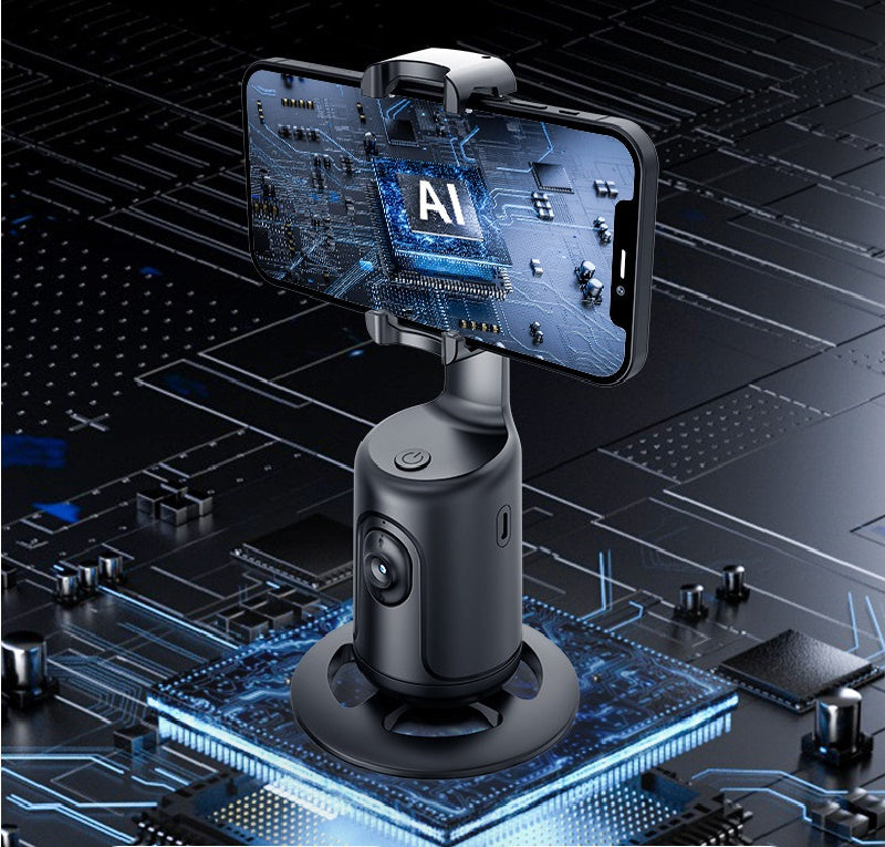 Phone holder with smartphone displaying AI on a circuit board background