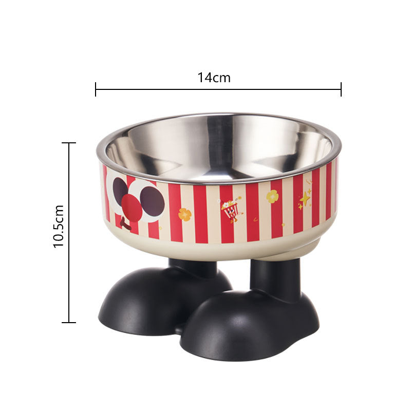 Stainless steel pet bowl with red and white striped design and black base, shown with dimensions.