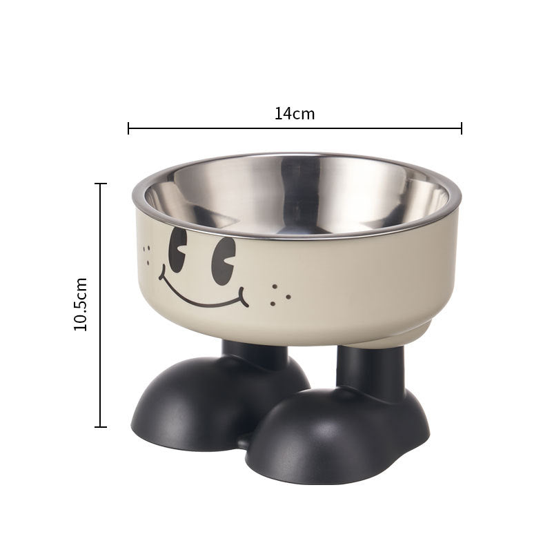Stainless steel pet bowl with smiley face design and dimensions on a white background