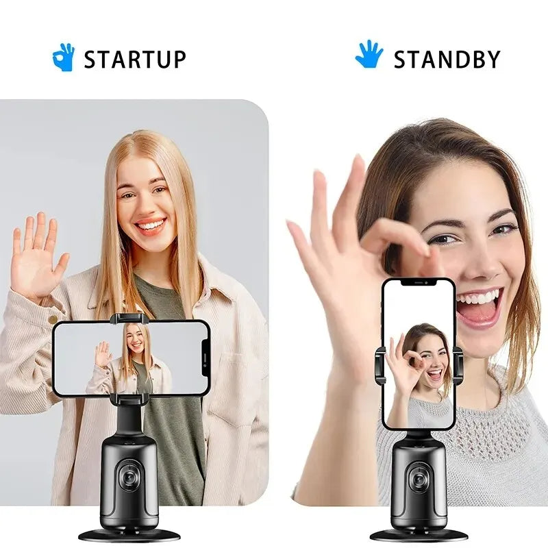 Two women using smartphone holders with screens showing their faces, labeled 'Startup' and 'Standby'.
